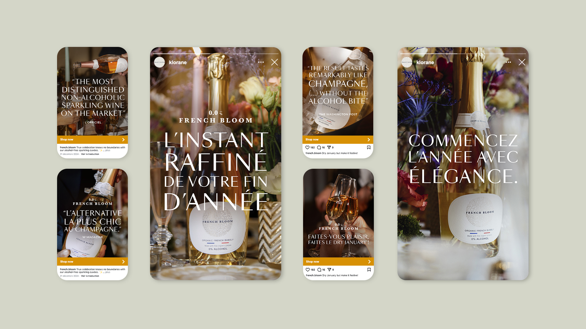 Campagne social media pour French Bloom, vin pétillant sans alcool, projet de direction artistique par Irène Saint-Louis
